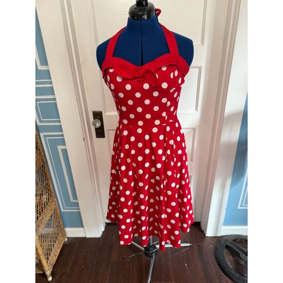 VTG Y2K Red with White Polka Dot Halter Top Swing Dress Golightly Large - Picture 1 of 6